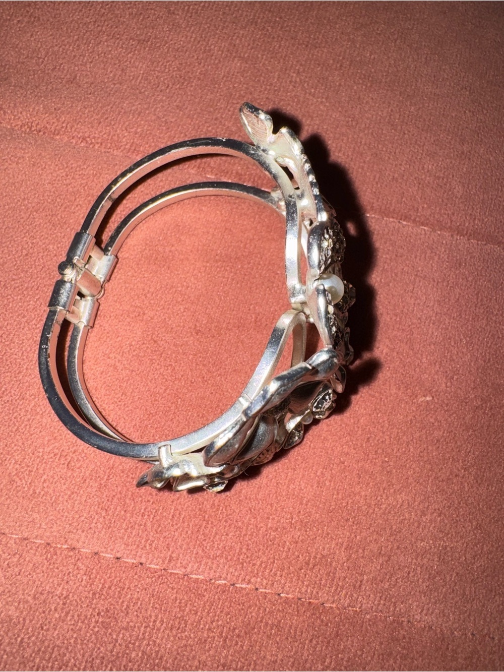 Silver Tone Floral Rhinestone Faux Pearl Hinged Cuff Bracelet - Picture 2 of 4